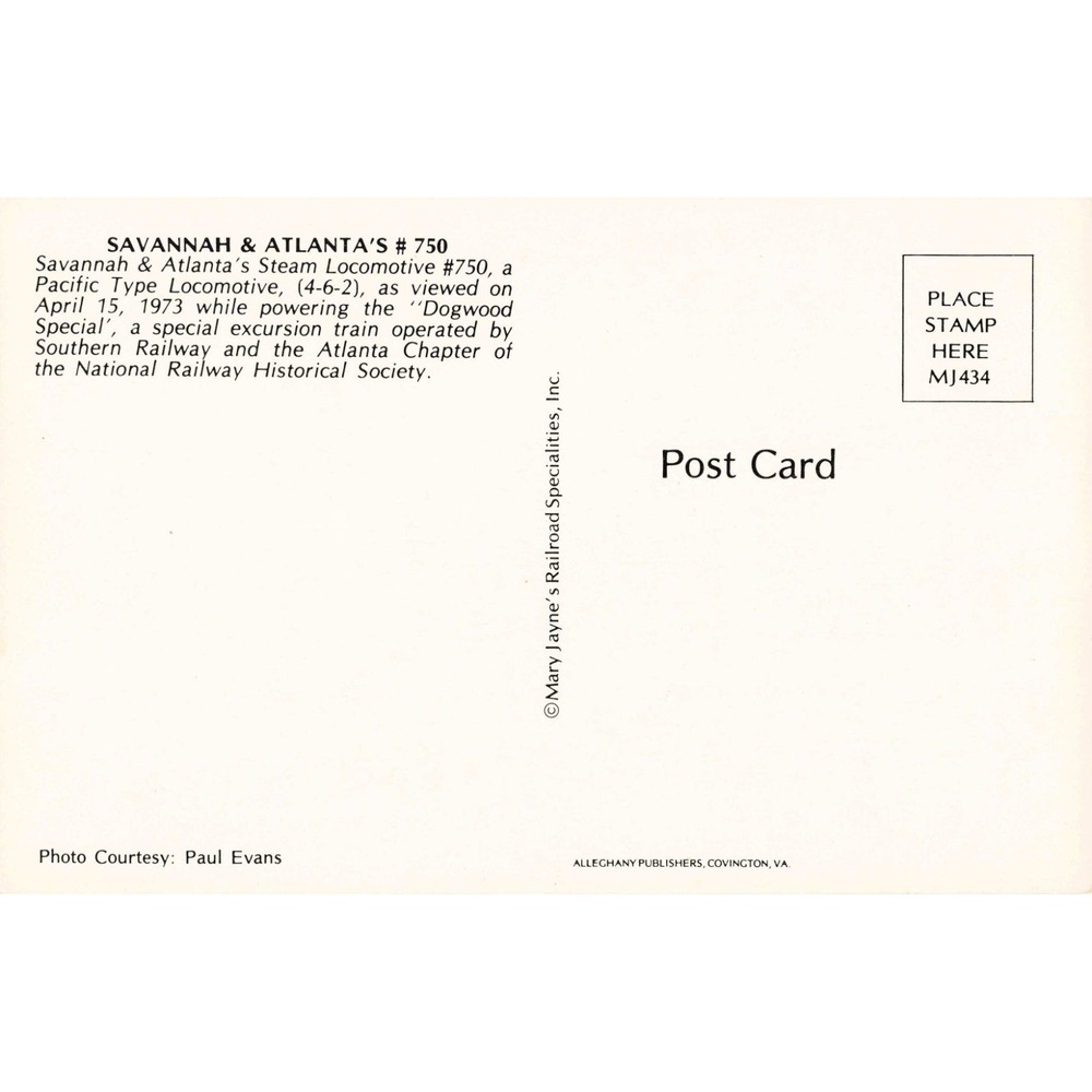 Savannah & Atlanta Steam Locomotive 750 Dogwood Special 1973 Postcard MJ434 - Picture 2 of 2